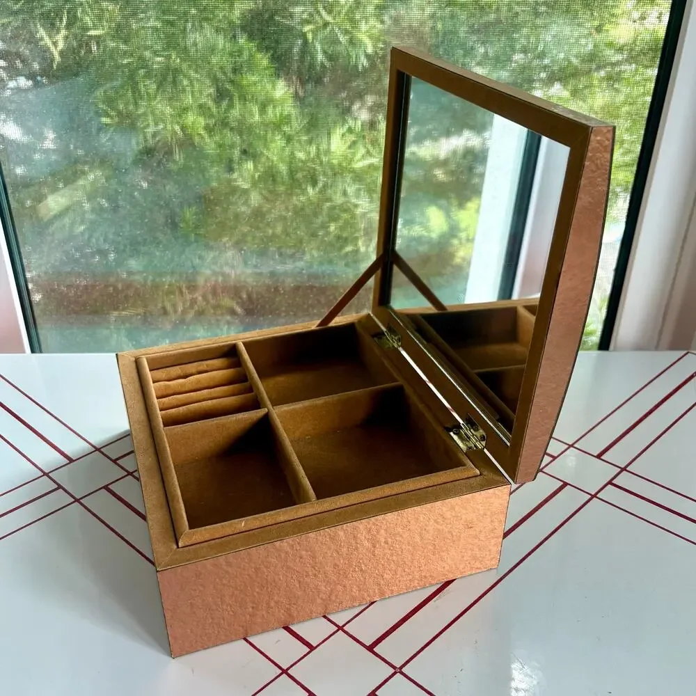Vintage Mirrored Jewelry Box with 2 Removable Velvet Trays Brown Finish